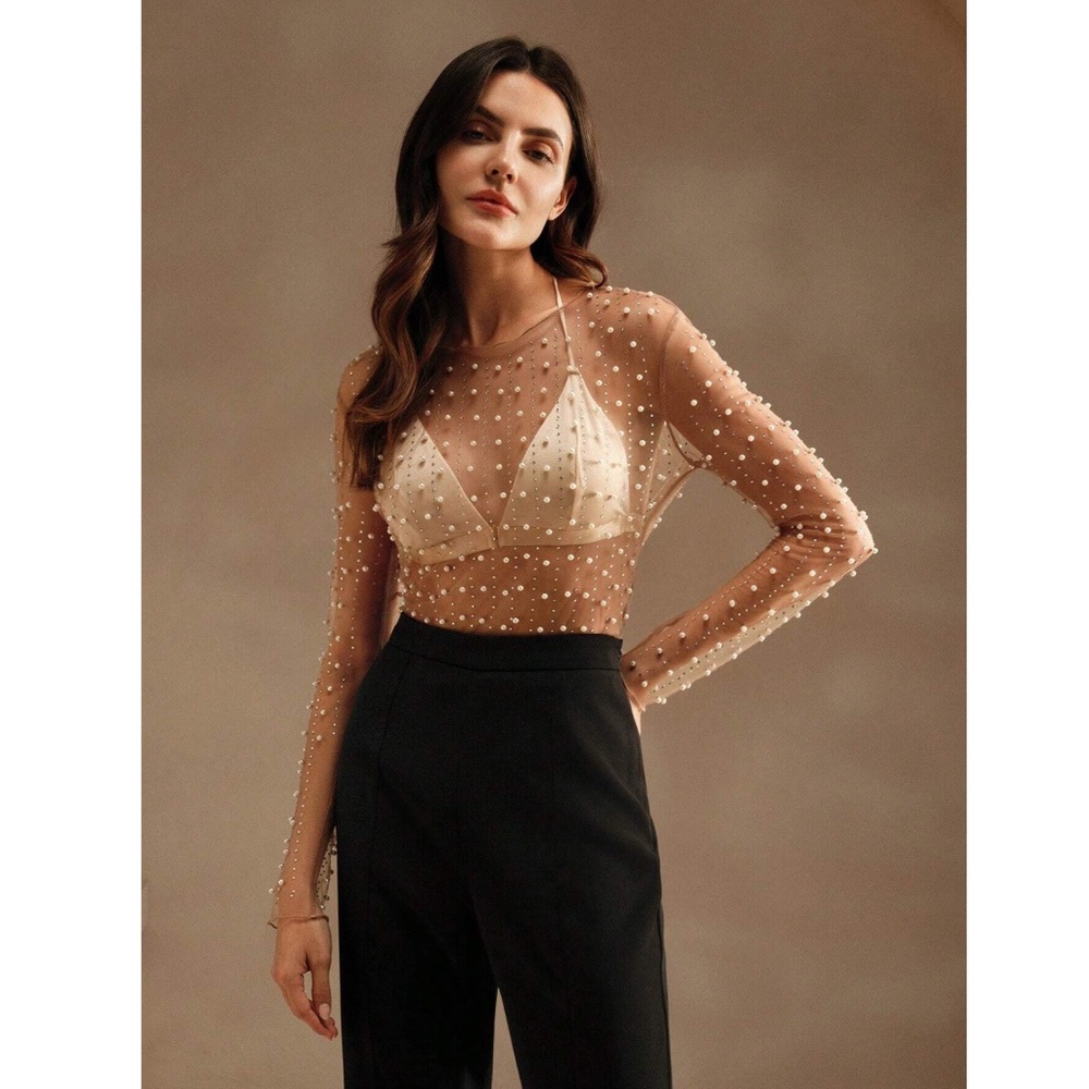 Beaded Tan Sheer Mesh Long Sleeve Shirt with Faux Pearls and Sparkles - Picture 6 of 10